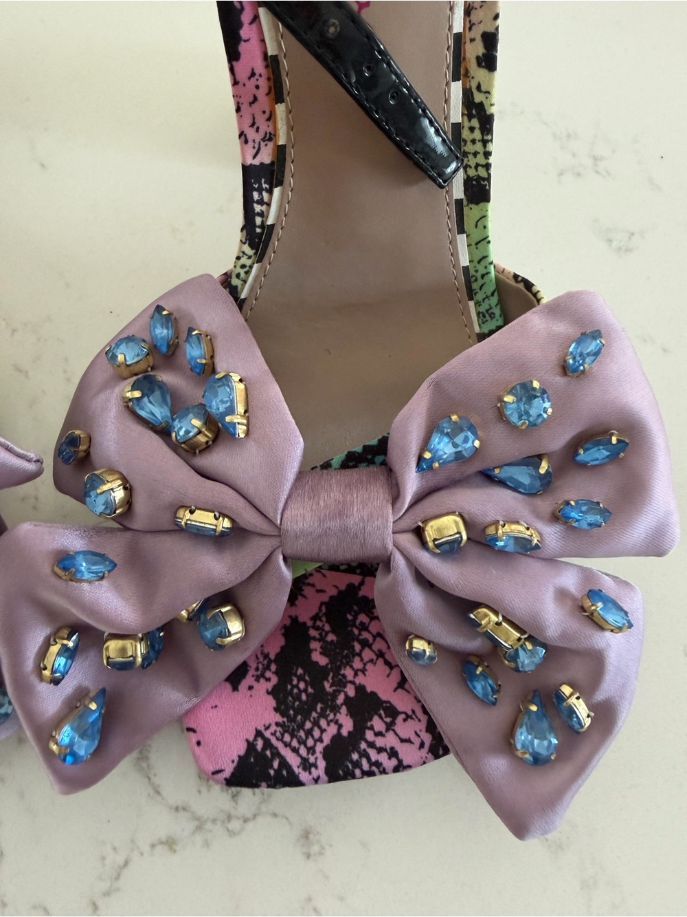 Betsey Johnson Embellished Bow Block Heel Sandals | Pink Multi | Size 7M - Picture 3 of 7
